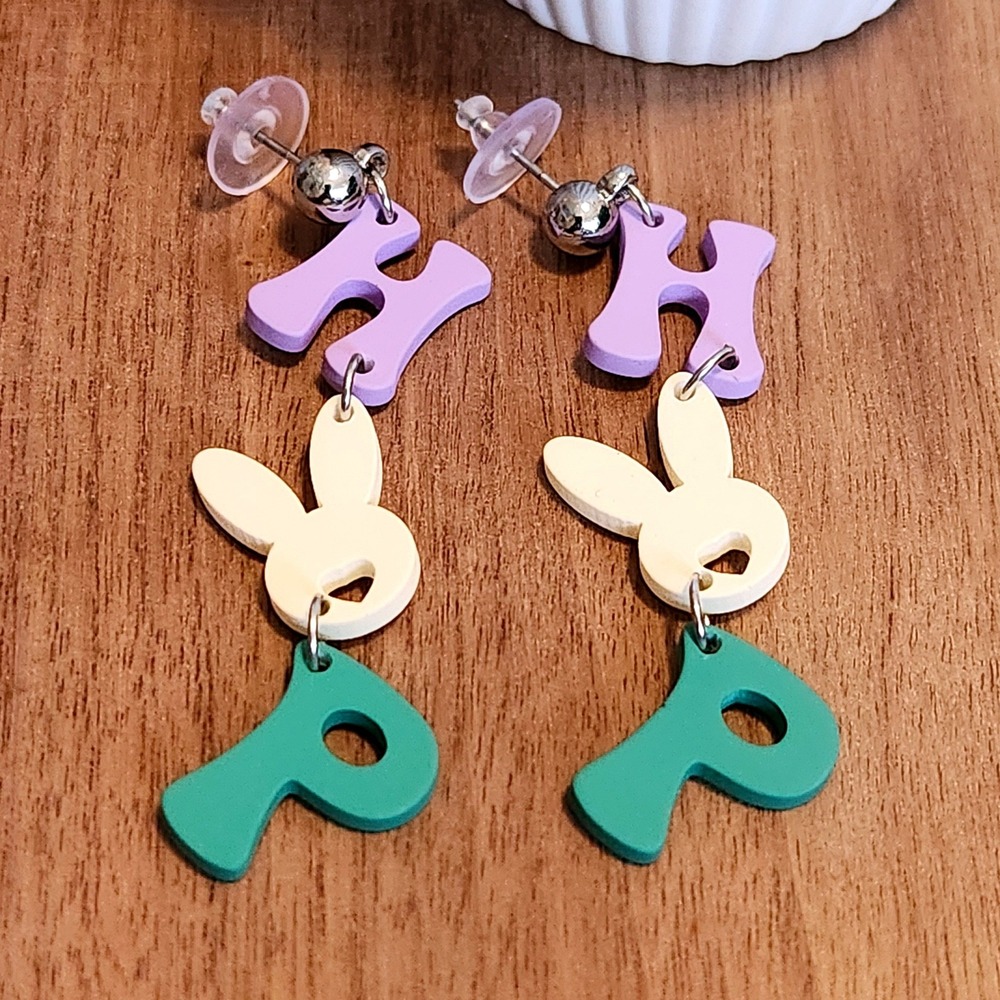 Easter Bunny HOP Acrylic Dangle Earrings Pastel Lavender Teal White Drop Studs